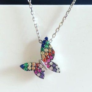 Sterling Silver Rainbow Sideways Butterfly Necklac